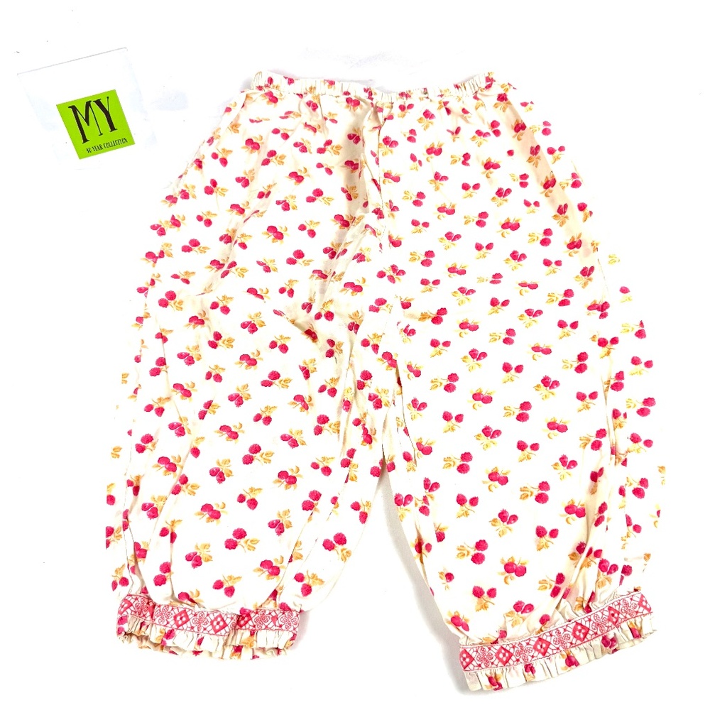 Corneloki Girls 5/6 White Floral Cotton Pants with Ruffle Hem